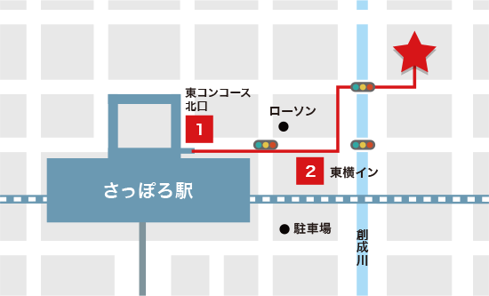 JR北海道札幌駅から札幌駅北口北8条店への行き方マップ